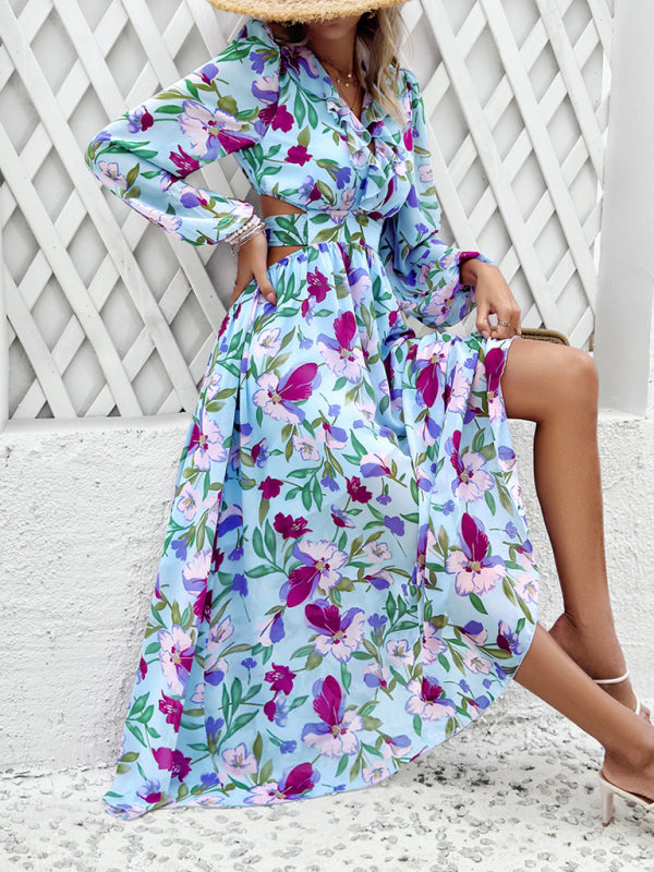 V-neck ruffled waist hollow holiday casual printed dress kakaclo