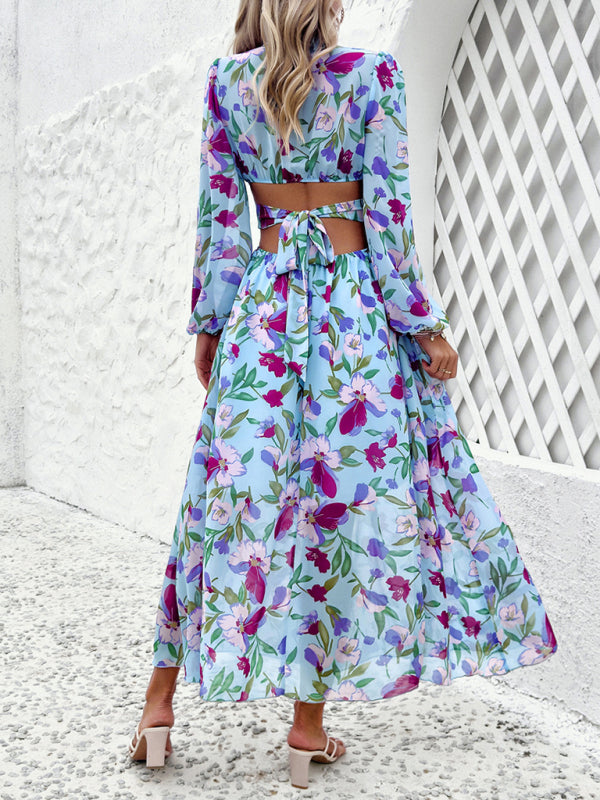 V-neck ruffled waist hollow holiday casual printed dress kakaclo