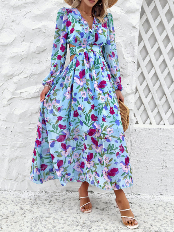 V-neck ruffled waist hollow holiday casual printed dress kakaclo
