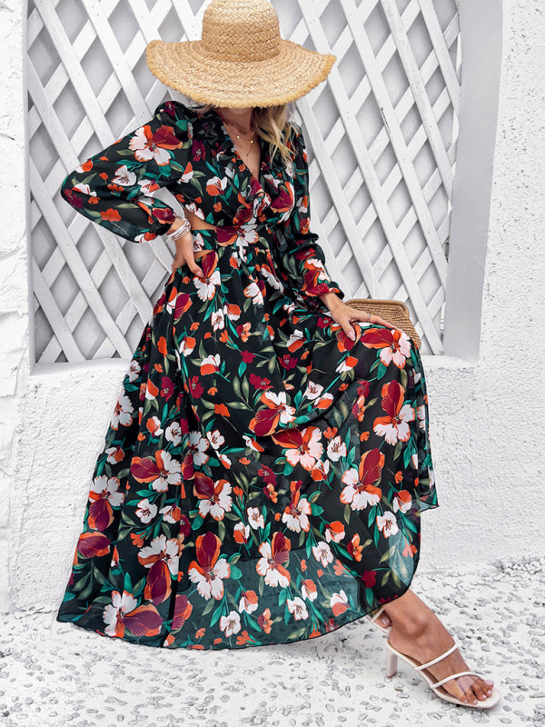 V-neck ruffled waist hollow holiday casual printed dress kakaclo