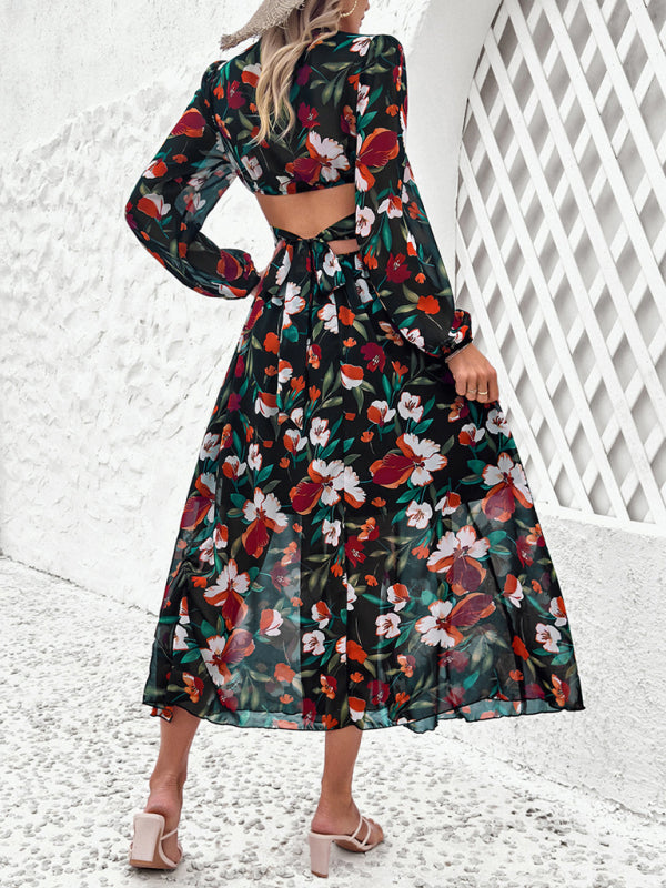 V-neck ruffled waist hollow holiday casual printed dress kakaclo