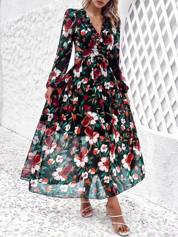 V-neck ruffled waist hollow holiday casual printed dress kakaclo