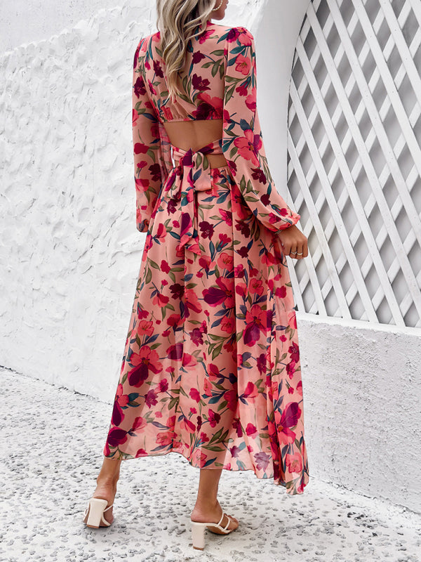 V-neck ruffled waist hollow holiday casual printed dress kakaclo