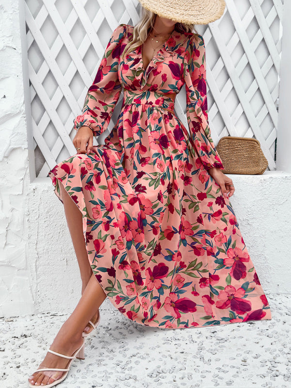 V-neck ruffled waist hollow holiday casual printed dress kakaclo