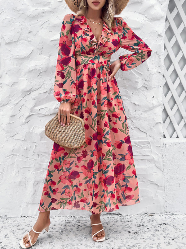 V-neck ruffled waist hollow holiday casual printed dress kakaclo