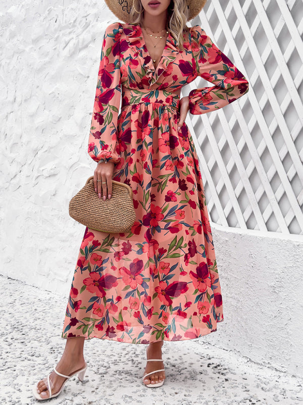 V-neck ruffled waist hollow holiday casual printed dress kakaclo