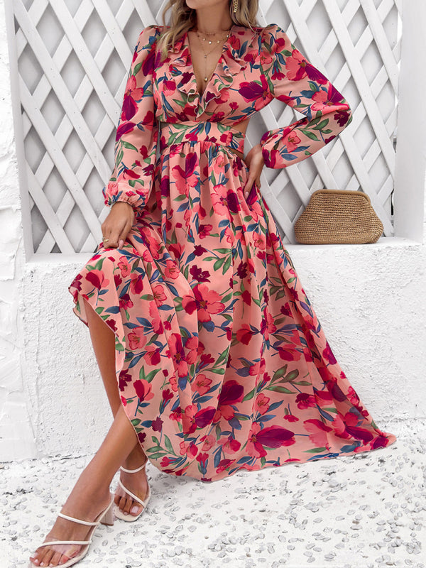 V-neck ruffled waist hollow holiday casual printed dress kakaclo
