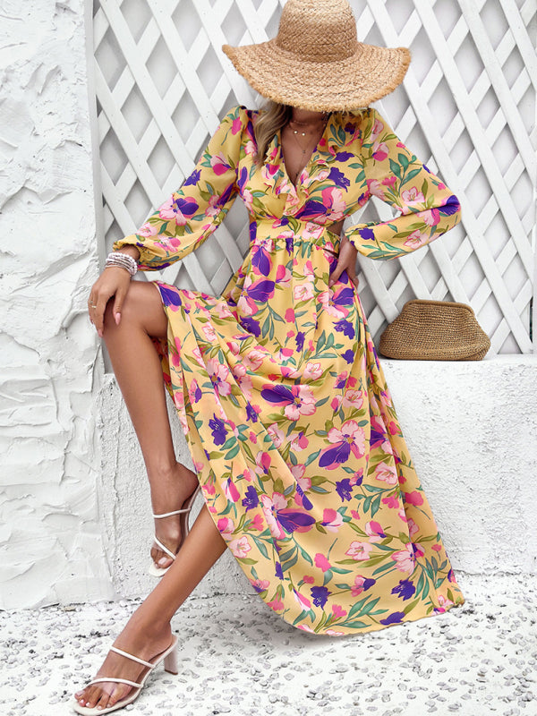 V-neck ruffled waist hollow holiday casual printed dress kakaclo