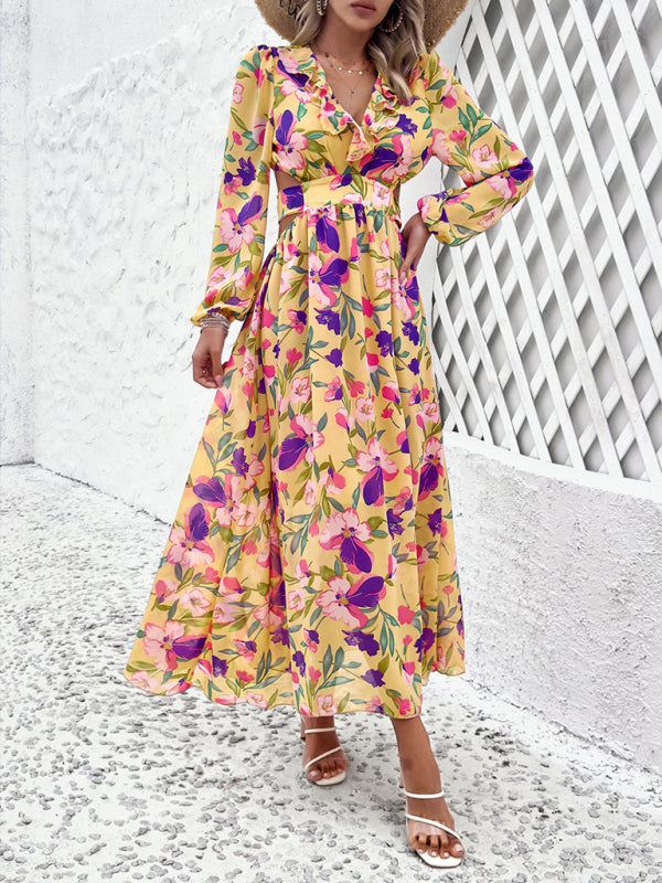 V-neck ruffled waist hollow holiday printed dress BLUE ZONE PLANET