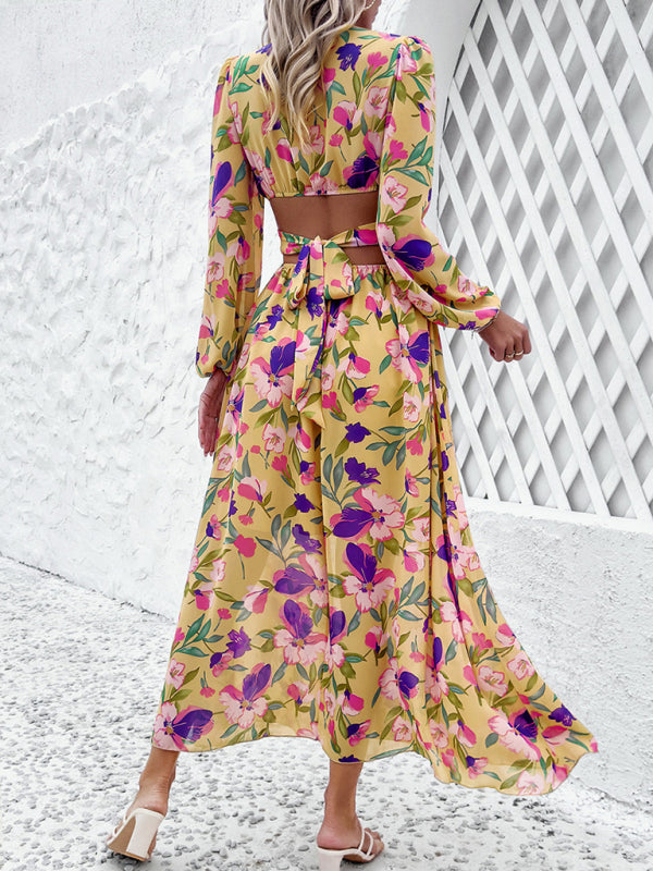 V-neck ruffled waist hollow holiday casual printed dress kakaclo