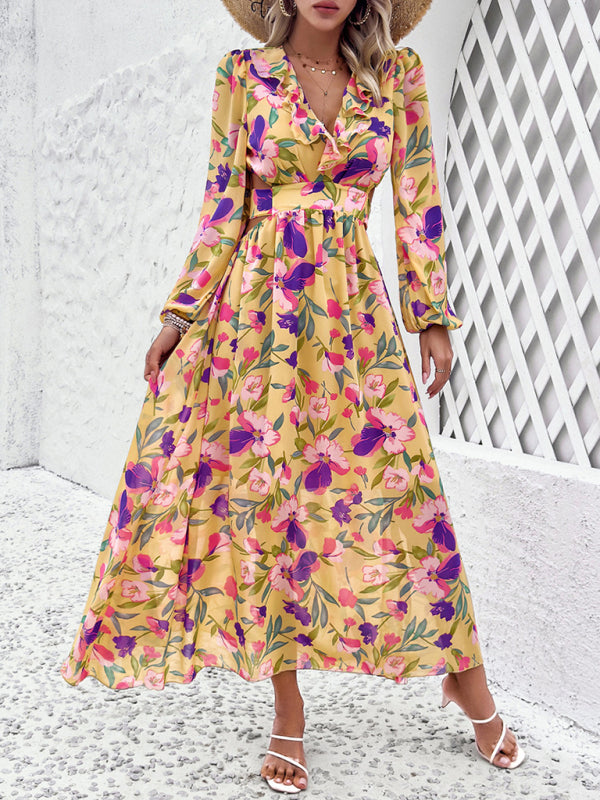 V-neck ruffled waist hollow holiday casual printed dress kakaclo