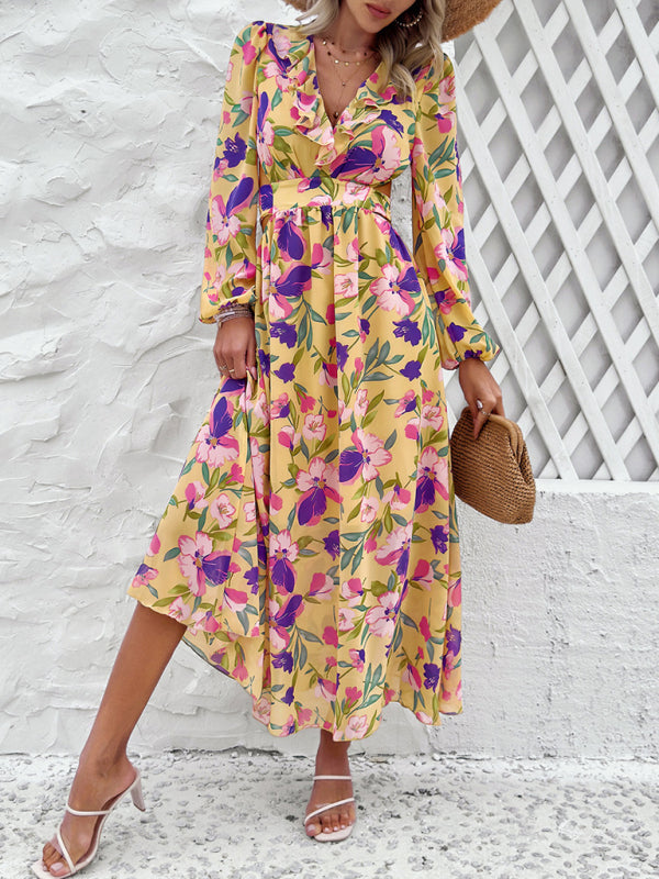 V-neck ruffled waist hollow holiday casual printed dress kakaclo