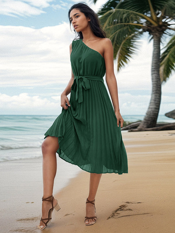 solid color slope neck off-shoulder dress kakaclo