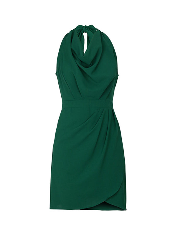 Elegant Solid Color Sleeveless Swing Collar Waist Dress BLUE ZONE PLANET
