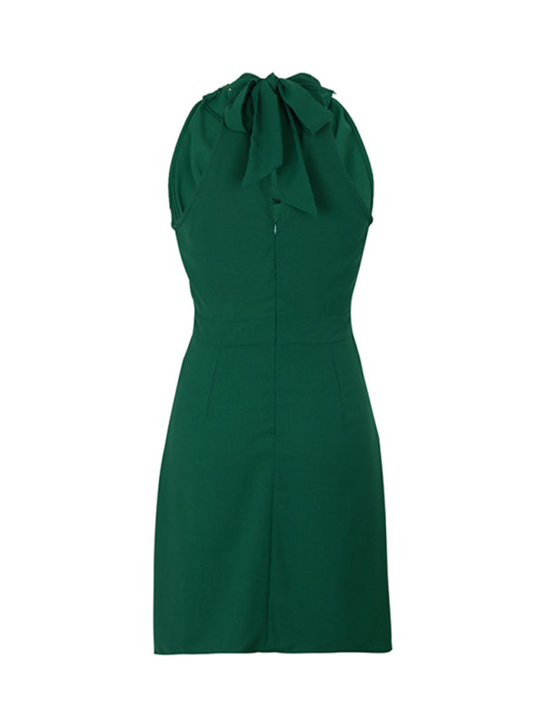 Elegant Solid Color Sleeveless Swing Collar Waist Dress BLUE ZONE PLANET