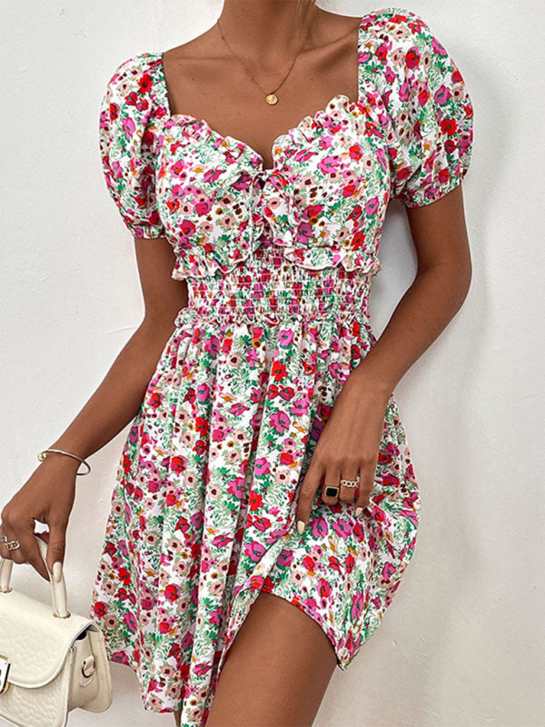 High Waist Puff Sleeve Floral Dress BLUE ZONE PLANET