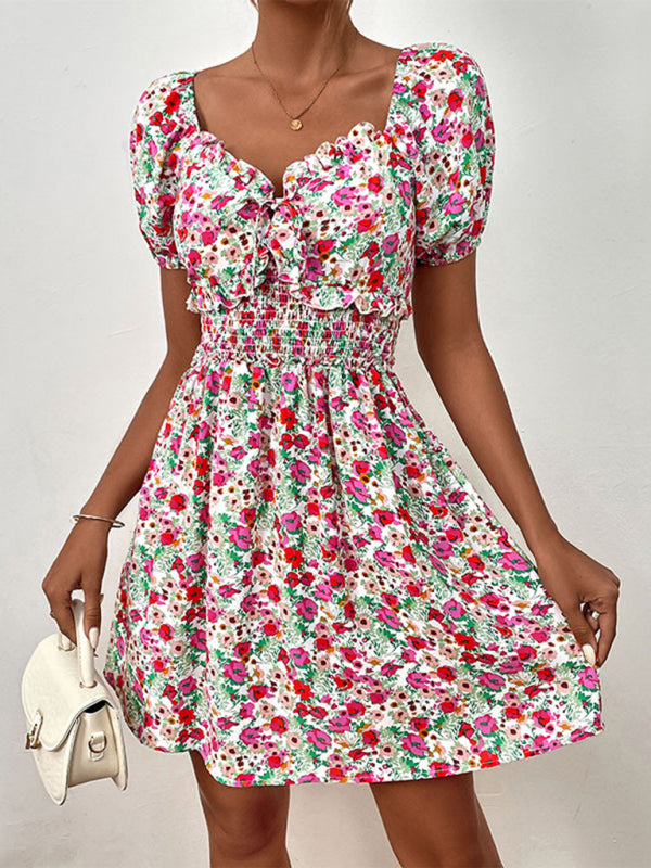 High Waist Puff Sleeve Floral Dress BLUE ZONE PLANET