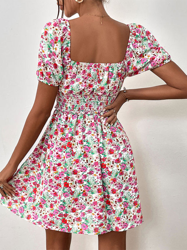 High Waist Puff Sleeve Floral Dress BLUE ZONE PLANET