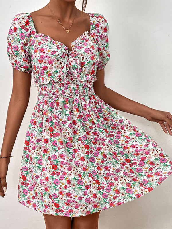 High Waist Puff Sleeve Floral Dress BLUE ZONE PLANET