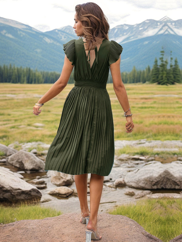 style simple V-neck high-waisted pleated dress BLUE ZONE PLANET