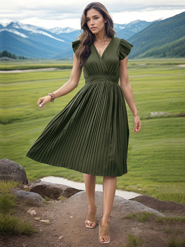 style simple V-neck high-waisted pleated dress BLUE ZONE PLANET