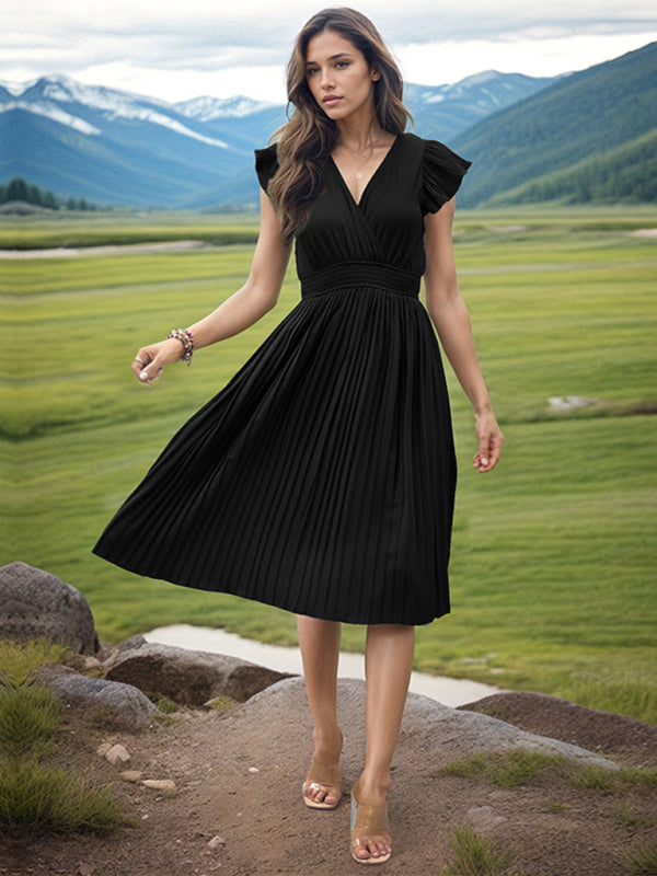 style simple V-neck high-waisted pleated dress BLUE ZONE PLANET