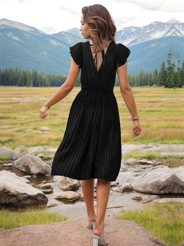 style simple V-neck high-waisted pleated dress BLUE ZONE PLANET
