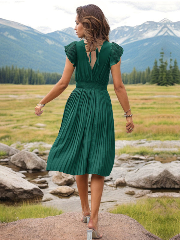 style simple V-neck high-waisted pleated dress BLUE ZONE PLANET