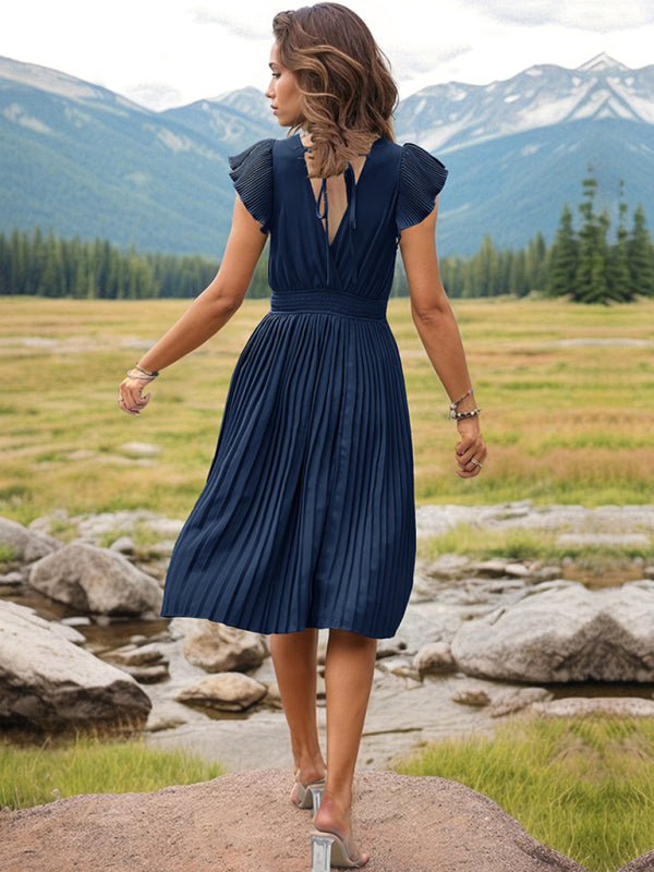 style simple V-neck high-waisted pleated dress BLUE ZONE PLANET