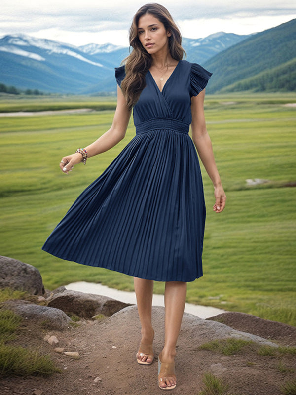 style simple V-neck high-waisted pleated dress BLUE ZONE PLANET