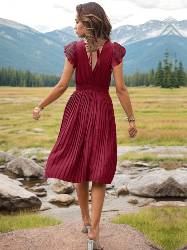 style simple V-neck high-waisted pleated dress BLUE ZONE PLANET