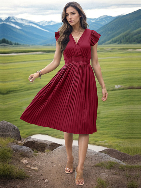 style simple V-neck high-waisted pleated dress BLUE ZONE PLANET