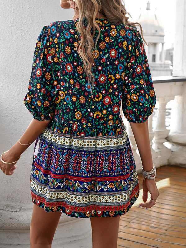 Blue Zone Planet | tassel V-neck printed resort style top BLUE ZONE PLANET