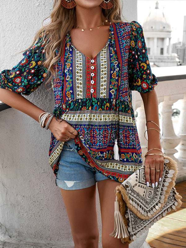 Blue Zone Planet | tassel V-neck printed resort style top BLUE ZONE PLANET