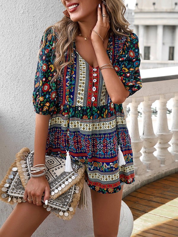 Blue Zone Planet | tassel V-neck printed resort style top BLUE ZONE PLANET