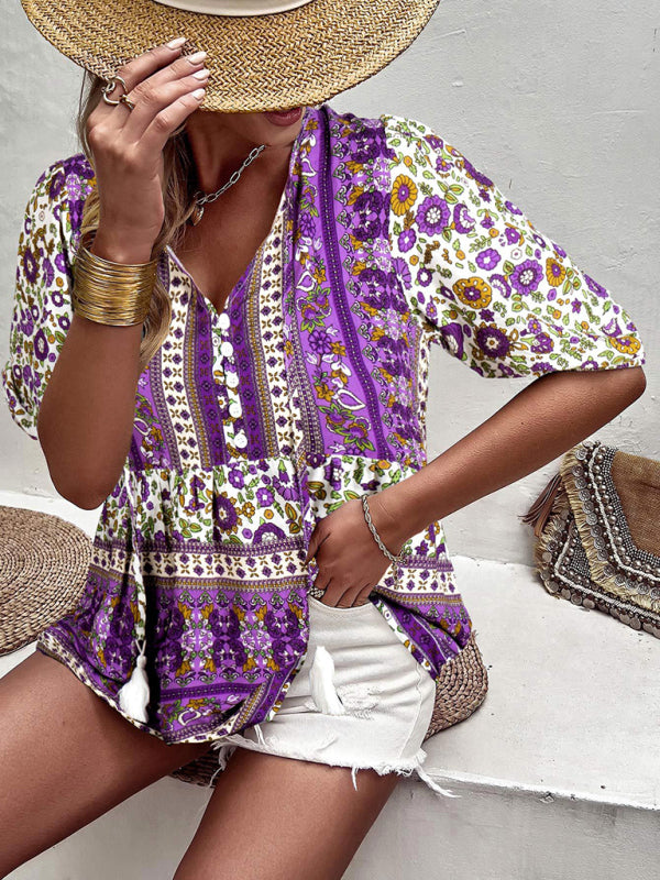 Blue Zone Planet | tassel V-neck printed resort style top BLUE ZONE PLANET