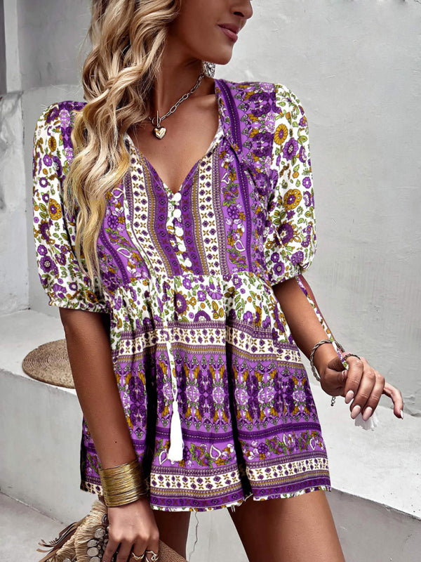 Blue Zone Planet | tassel V-neck printed resort style top BLUE ZONE PLANET