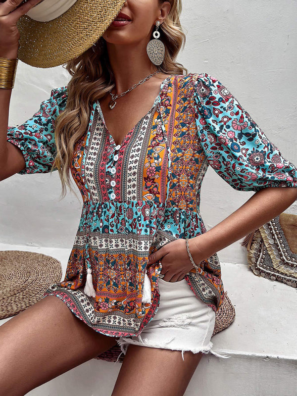 Blue Zone Planet | tassel V-neck printed resort style top BLUE ZONE PLANET