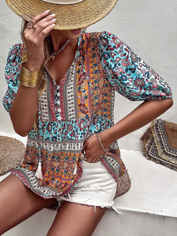 Blue Zone Planet | tassel V-neck printed resort style top BLUE ZONE PLANET