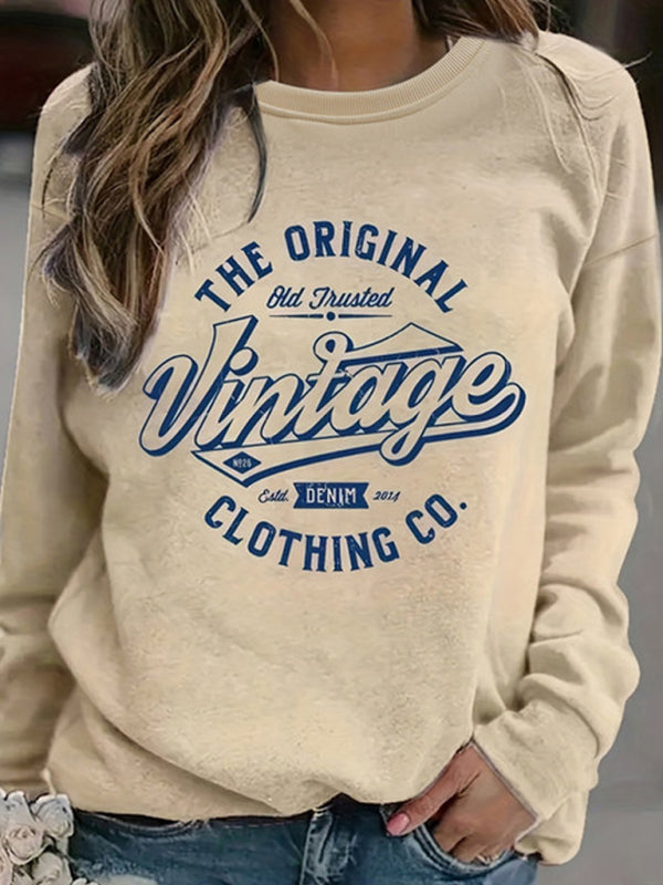 retro letter print round neck long sleeve sweatshirt kakaclo
