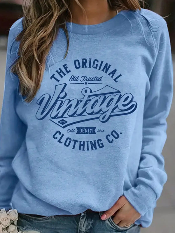 retro letter print round neck long sleeve sweatshirt kakaclo