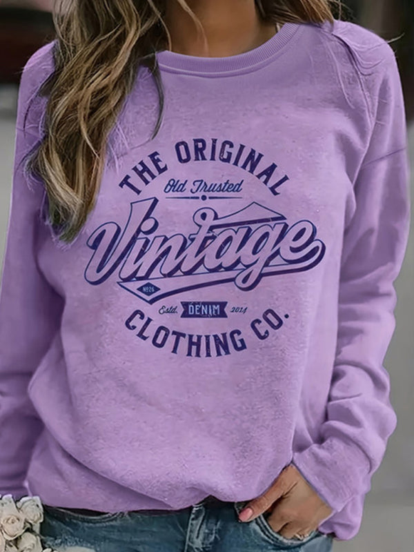 retro letter print round neck long sleeve sweatshirt kakaclo