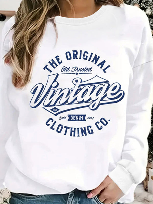 retro letter print round neck long sleeve sweatshirt kakaclo