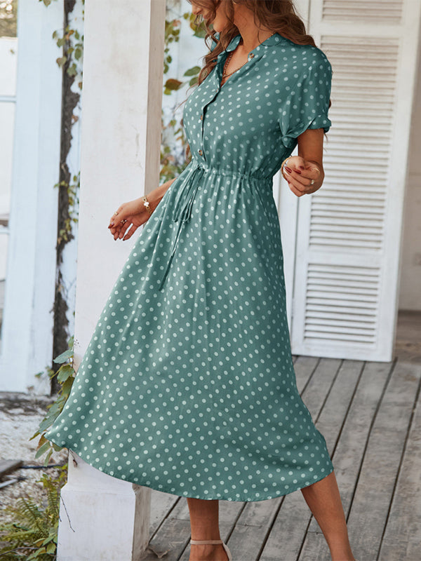 all-match shirt collar polka dot waist waist dress BLUE ZONE PLANET