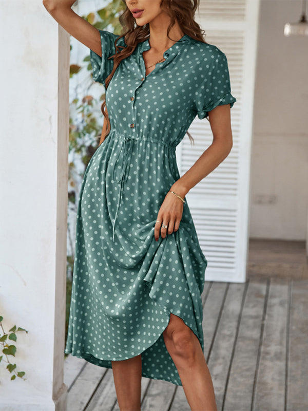all-match shirt collar polka dot waist waist dress BLUE ZONE PLANET