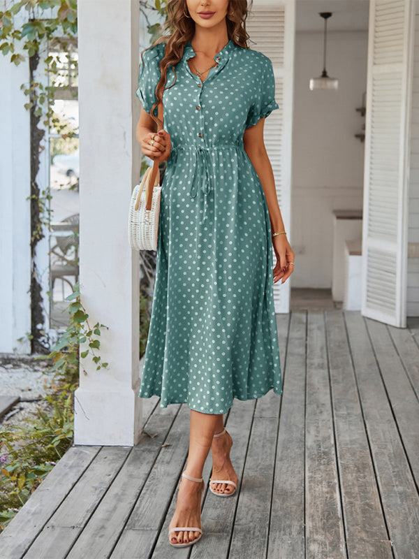 all-match shirt collar polka dot waist waist dress BLUE ZONE PLANET