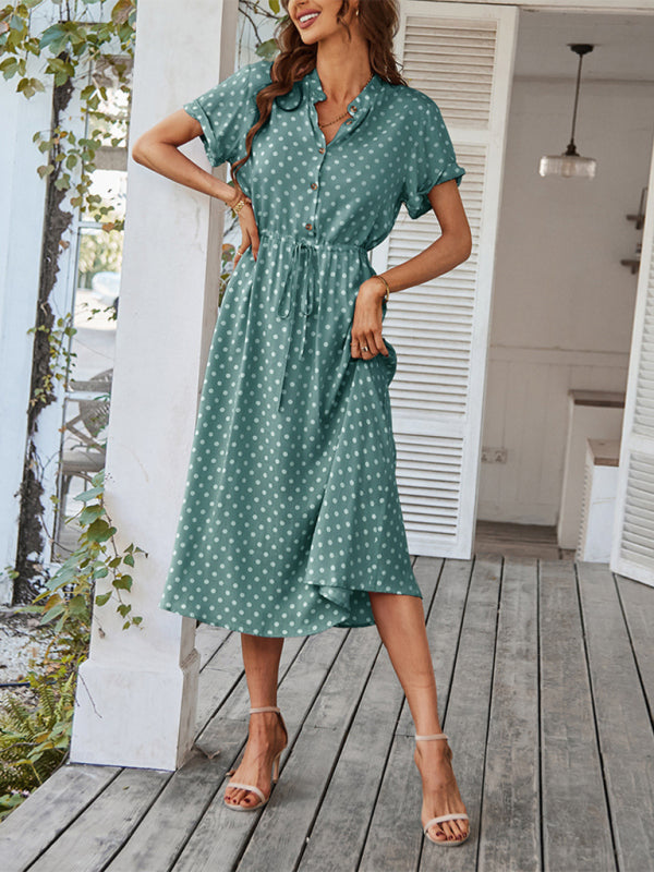 all-match shirt collar polka dot waist waist dress BLUE ZONE PLANET