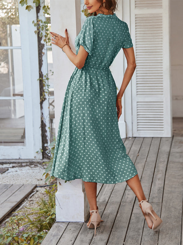 all-match shirt collar polka dot waist waist dress BLUE ZONE PLANET