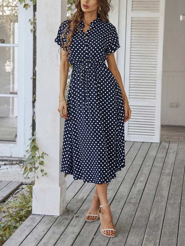 all-match shirt collar polka dot waist waist dress BLUE ZONE PLANET