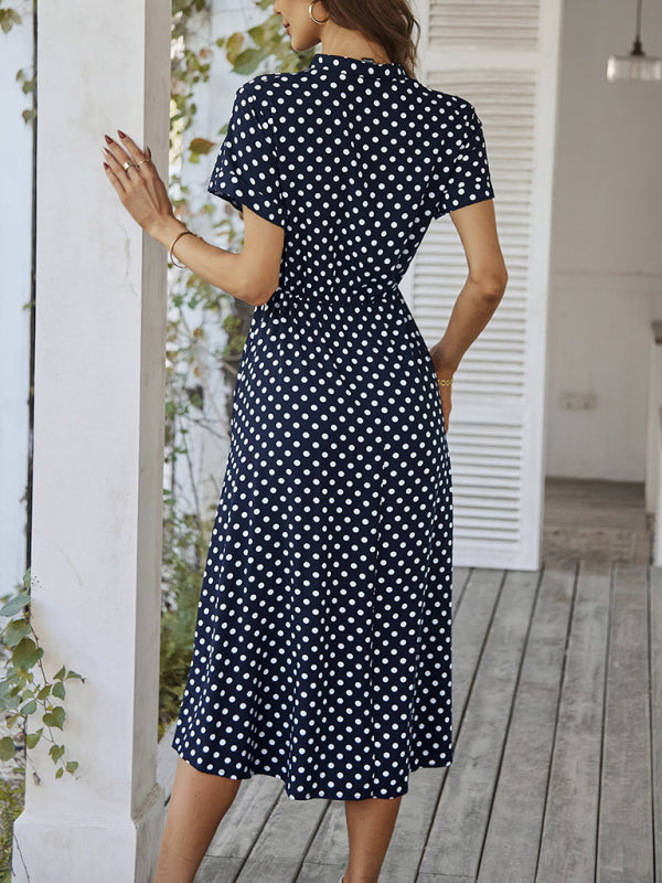 all-match shirt collar polka dot waist waist dress BLUE ZONE PLANET